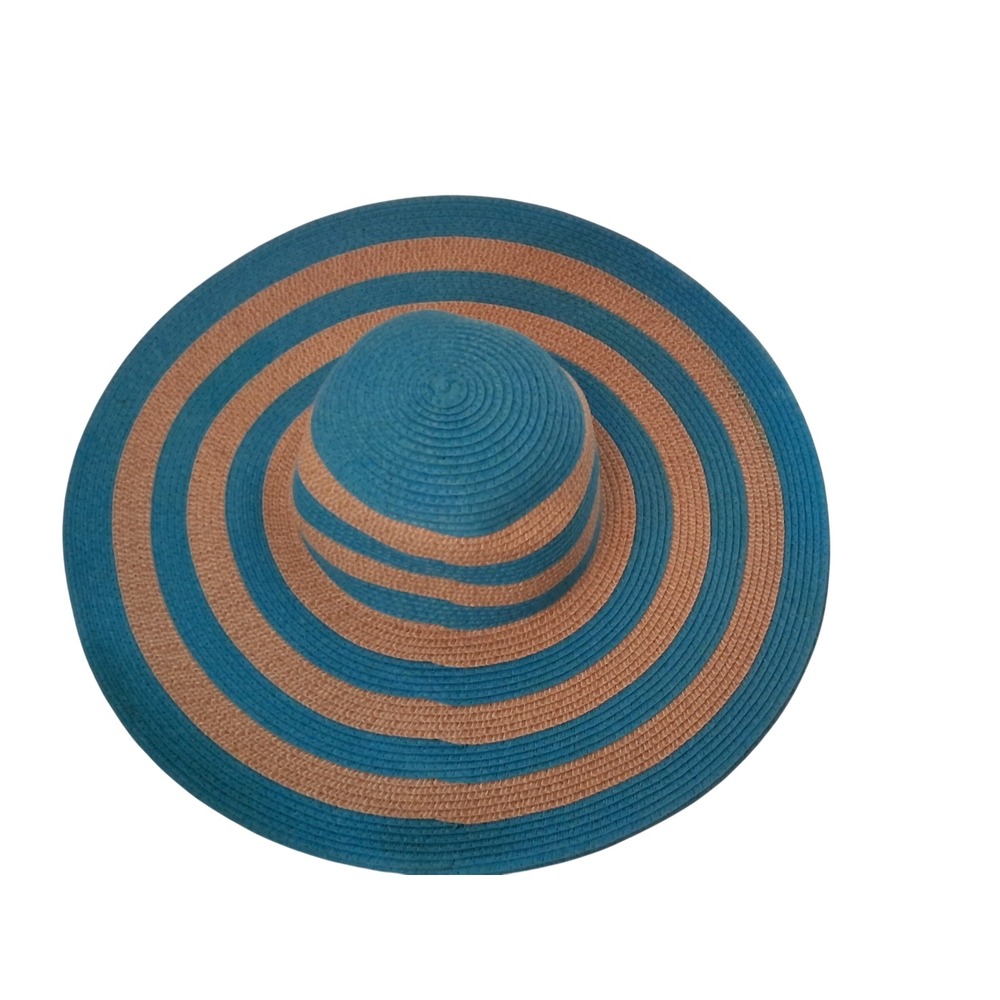 Mango Bay Trading  Women Blue Tan Striped Wide Brim Paper Straw Sun Hat 5in Brim